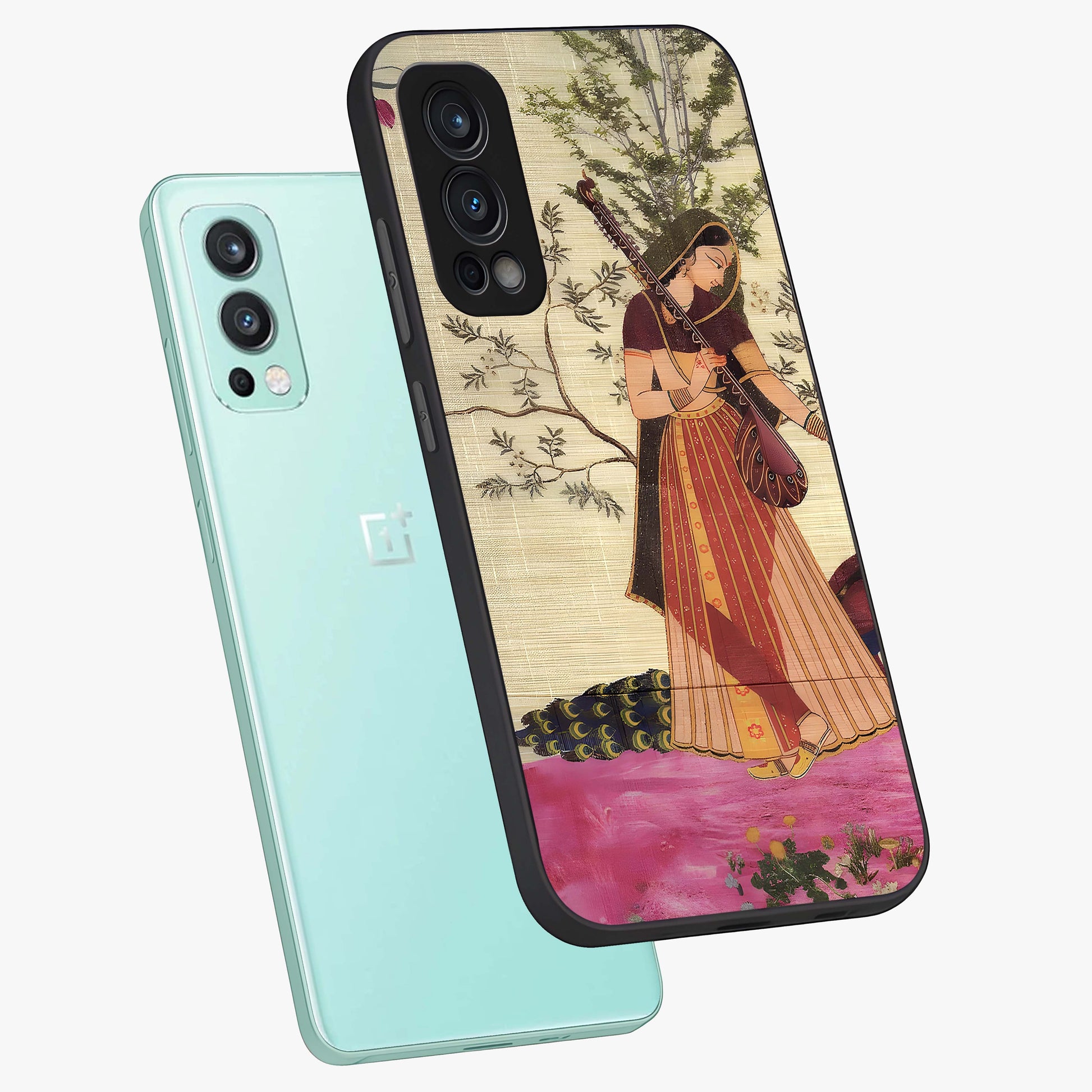 Lady With Veena Art Glass Case displayed in angled mockup highlighting graceful musical illustration with cultural artistic aesthetic.