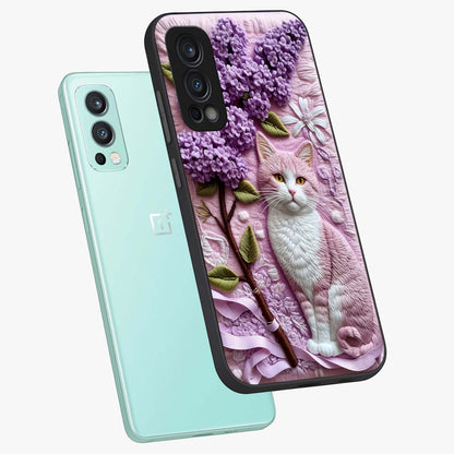 Lavender Cat Whimsy Glass Case displayed in angled mockup highlighting playful feline illustration with pastel lavender aesthetic.