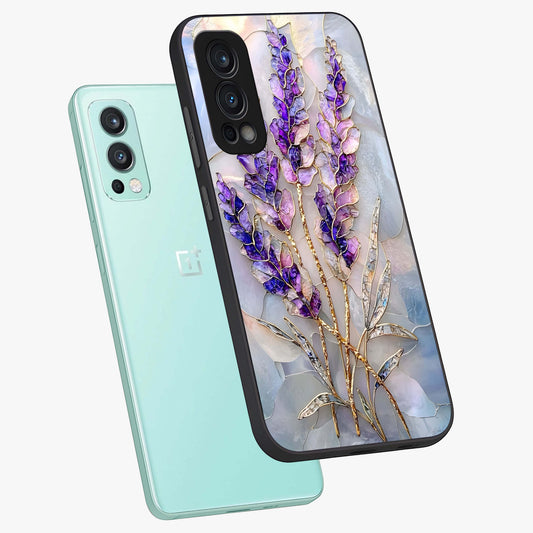 Lavender Dream Glow Glass Case showing flat back view with glowing lavender aesthetic artwork and glossy glass finish.