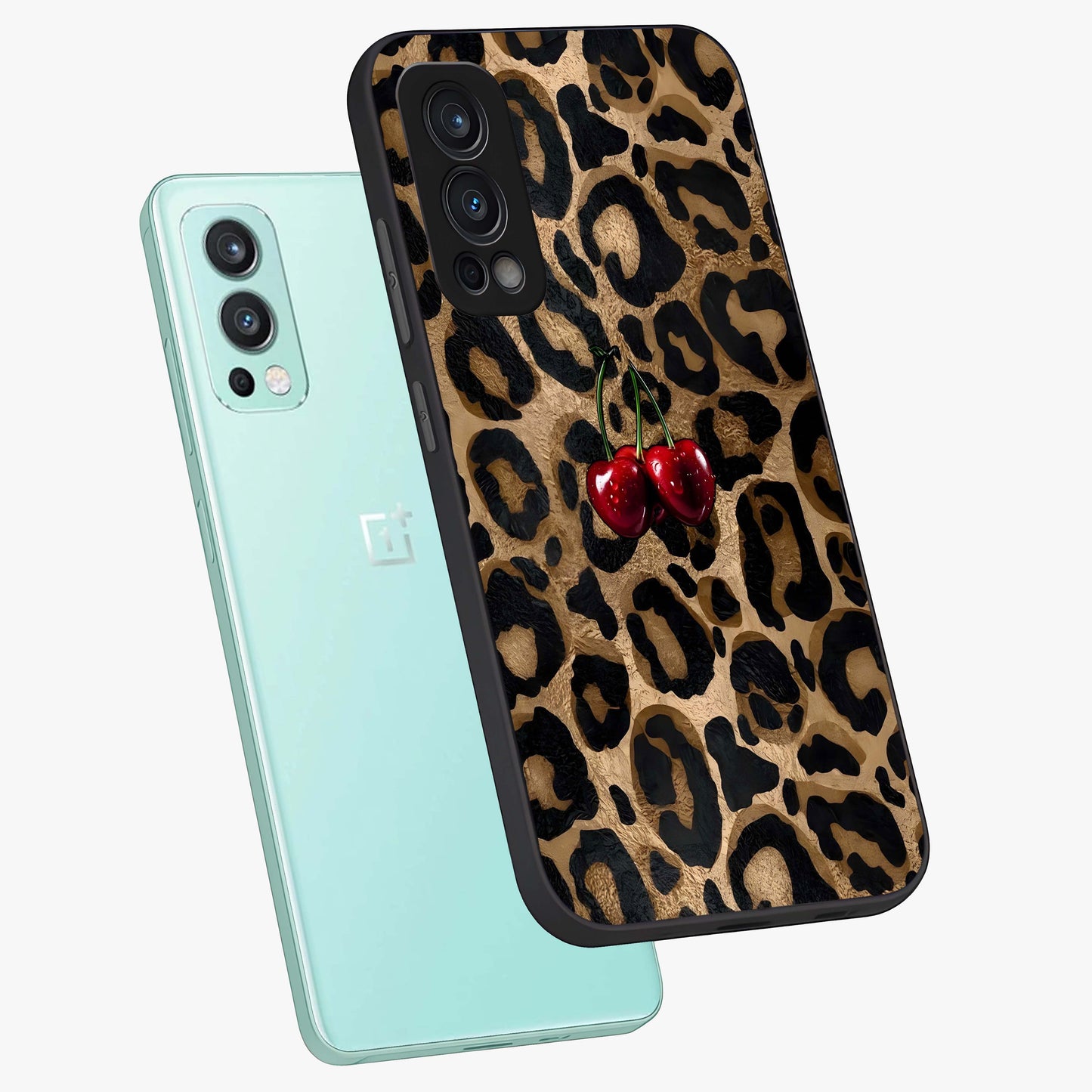 Leopard Wild Cherry Glass Case displayed in angled mockup highlighting bold animal print design with playful cherry aesthetic.