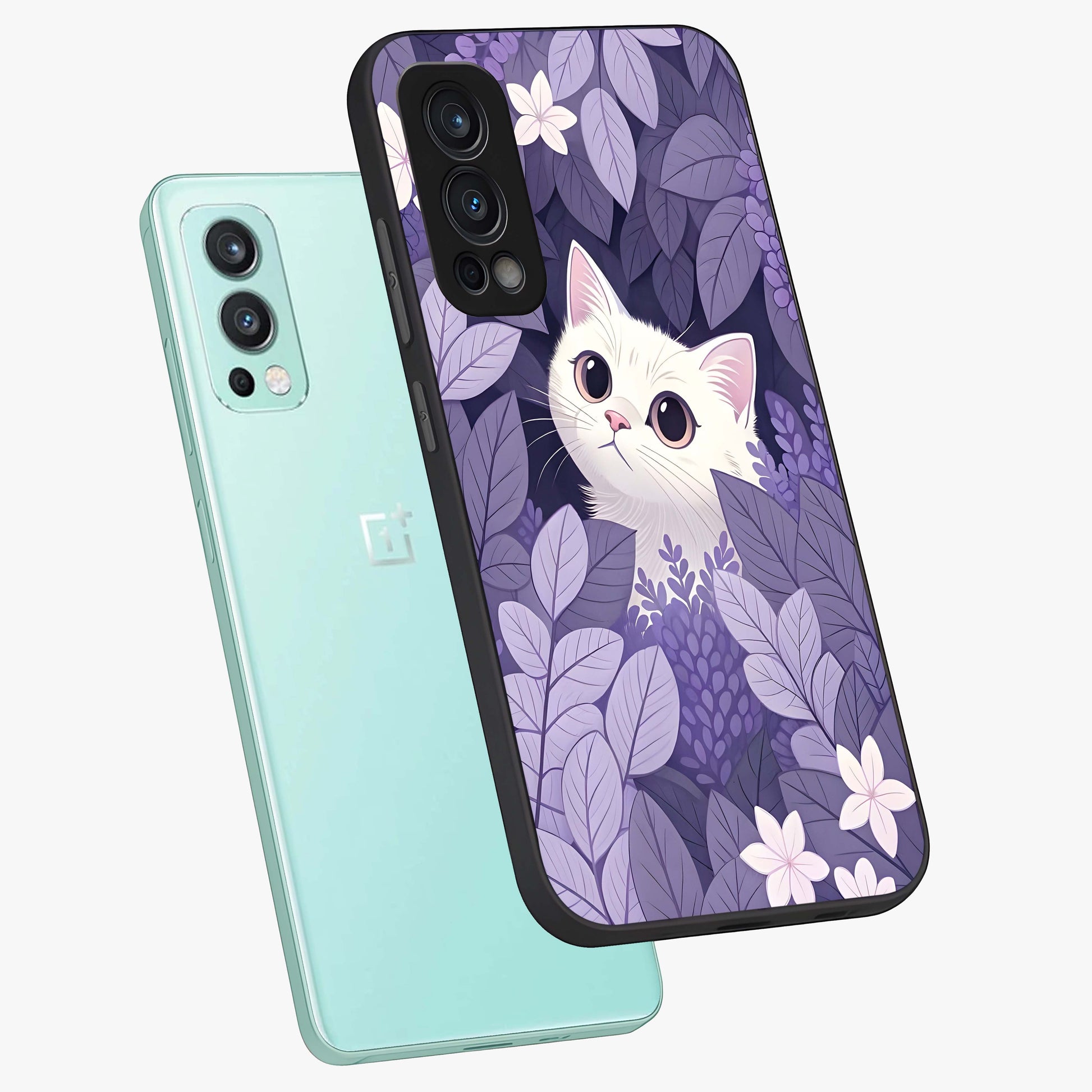 Lilac Hide Peek Cat Glass Case displayed in angled mockup highlighting playful feline illustration with lilac aesthetic design.