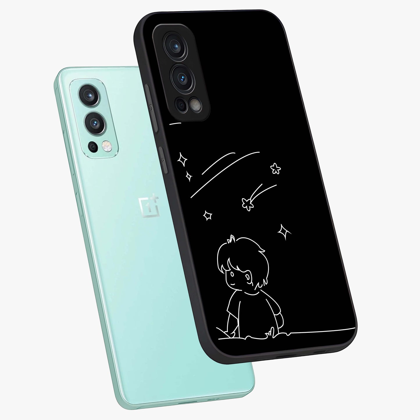 Line Art Boy With Shooting Stars Glass Case displayed in angled mockup highlighting elegant line art design with dreamy star aesthetic.