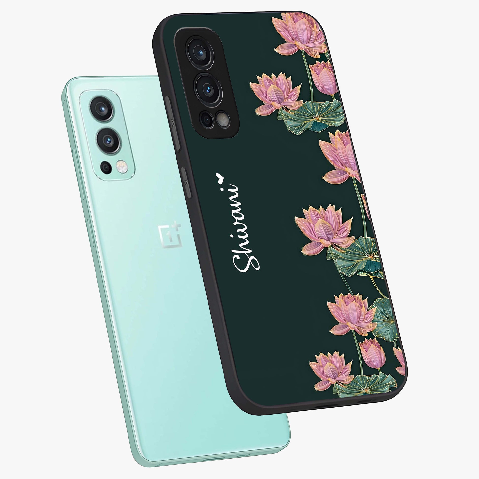 Lotus Bloom Serenity Custom Name Glass Case displayed in angled mockup highlighting graceful lotus illustration with custom name feature.