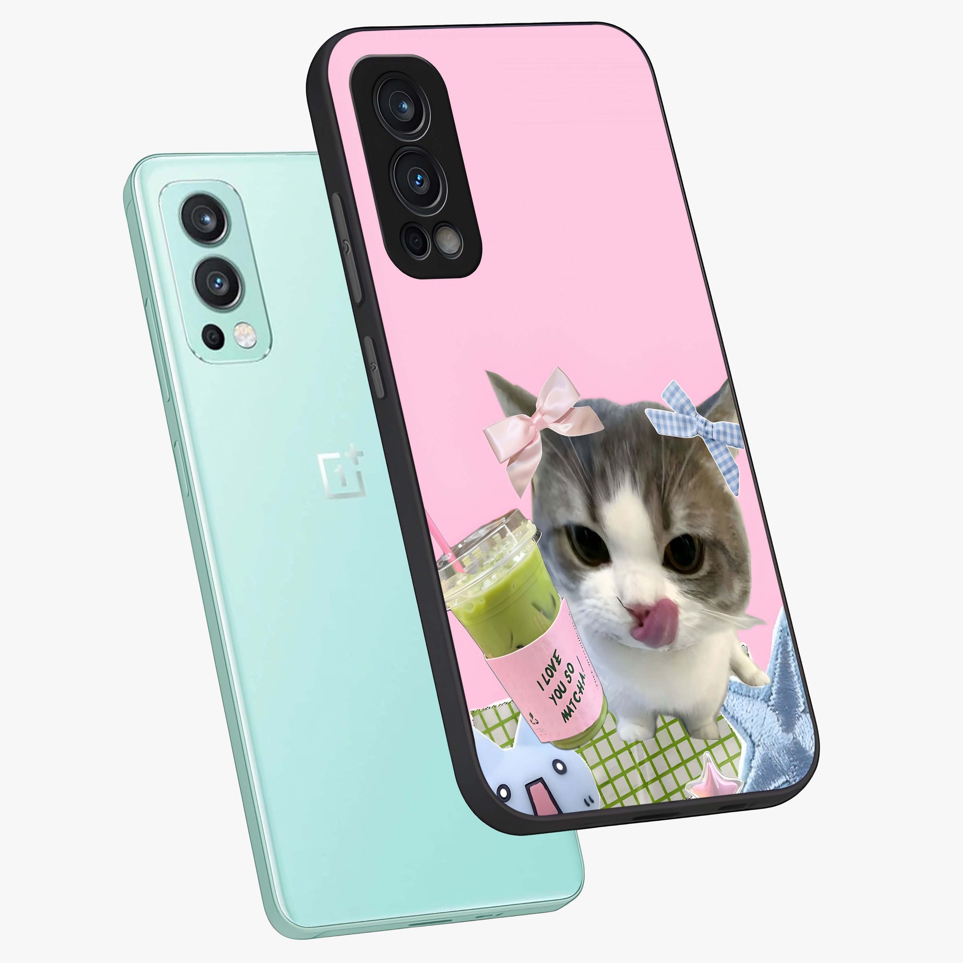 Love Matcha Cat Glass Case displayed in angled mockup highlighting playful feline illustration with cozy matcha aesthetic.