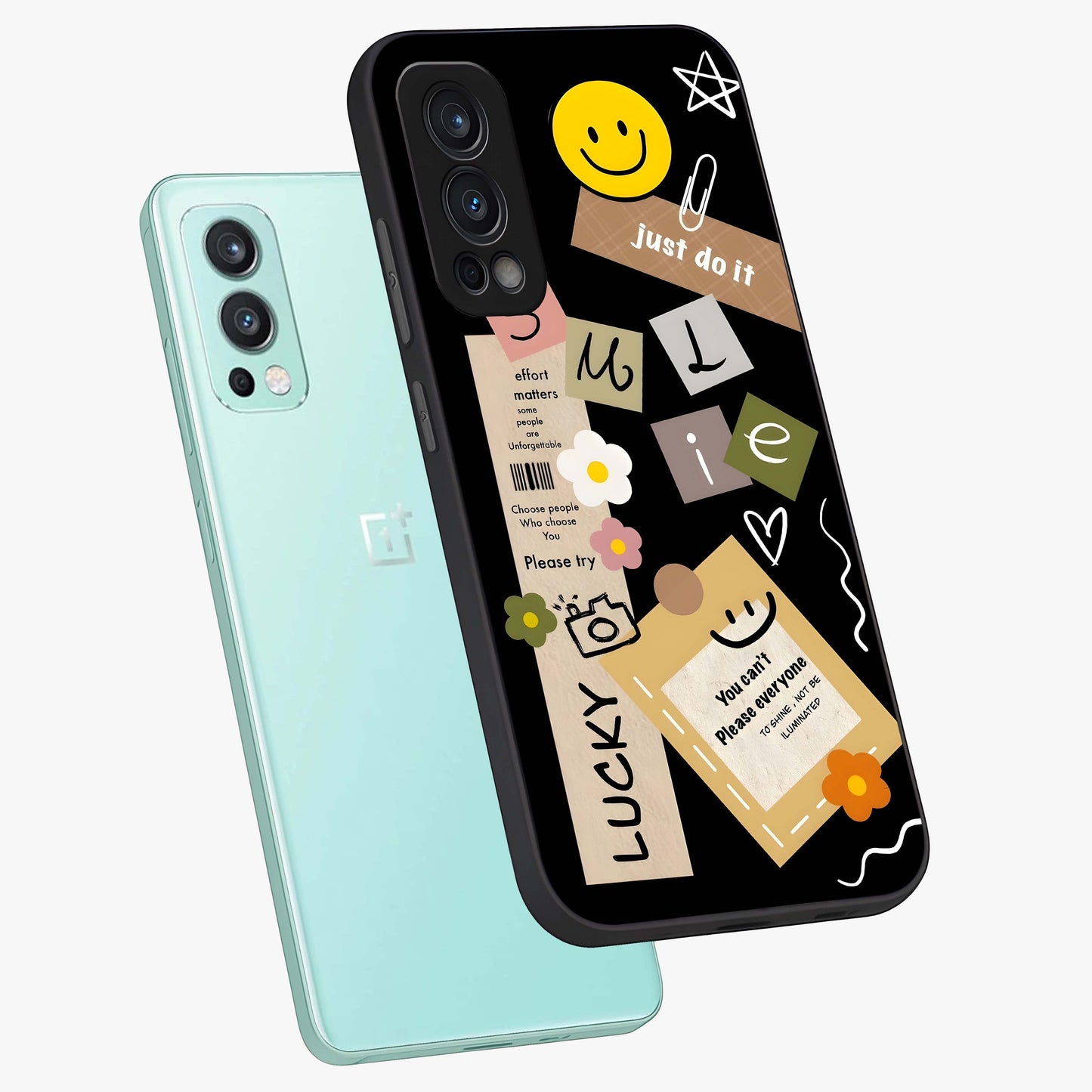 Lucky Aesthetic Collage Glass Case displayed in angled mockup highlighting stylish collage pattern with modern aesthetic vibe.