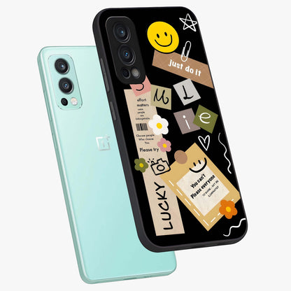 Lucky Aesthetic Collage Glass Case displayed in angled mockup highlighting stylish collage pattern with modern aesthetic vibe.