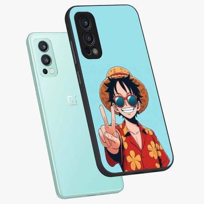Luffy Summer Anime Vibe Glass Case displayed in angled mockup highlighting energetic anime illustration with summer vibe aesthetic.