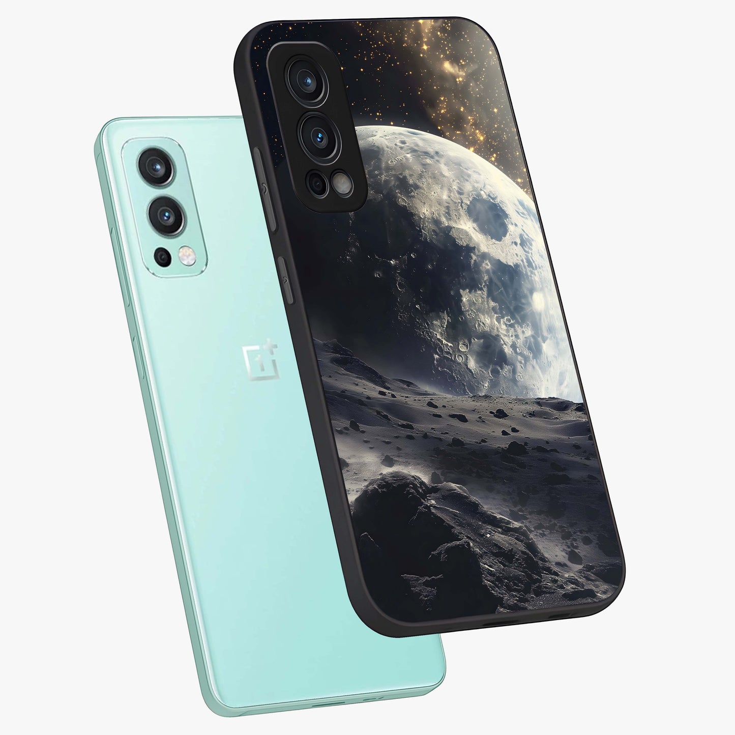 Lunar Horizon Glow Glass Case displayed in angled mockup highlighting celestial moon design with dreamy night aesthetic.