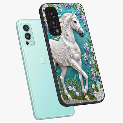 Majestic Floral Stallion Glass Case displayed in angled mockup highlighting majestic stallion illustration with elegant floral aesthetic.
