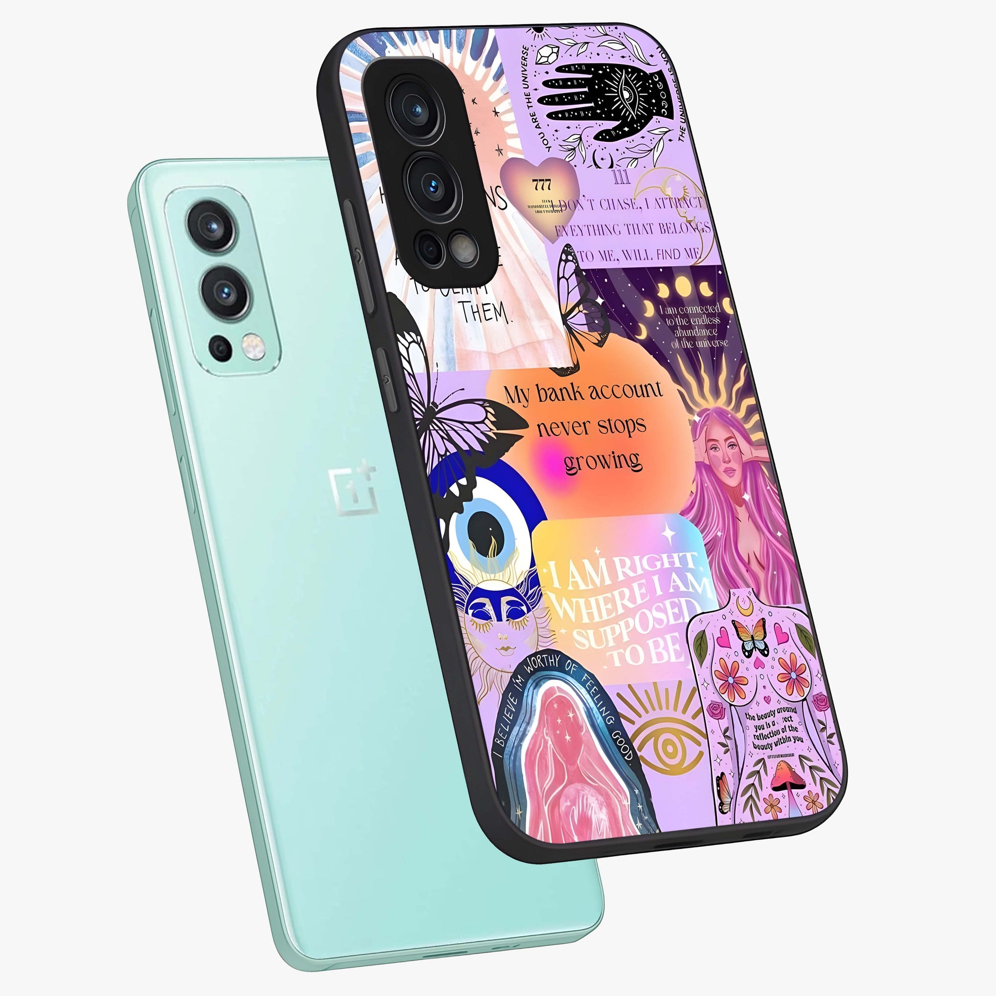 Manifestation Collage Glass Case displayed in angled mockup highlighting inspirational aesthetic collage design.