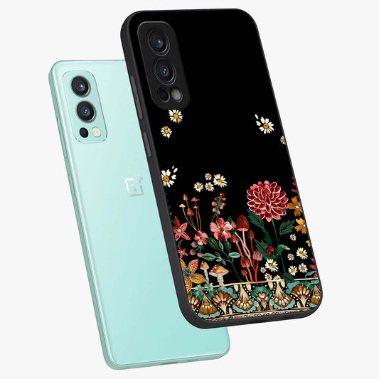 Midnight Bloom Pattern Glass Case showing flat back view with dark floral pattern artwork and glossy glass finish.
