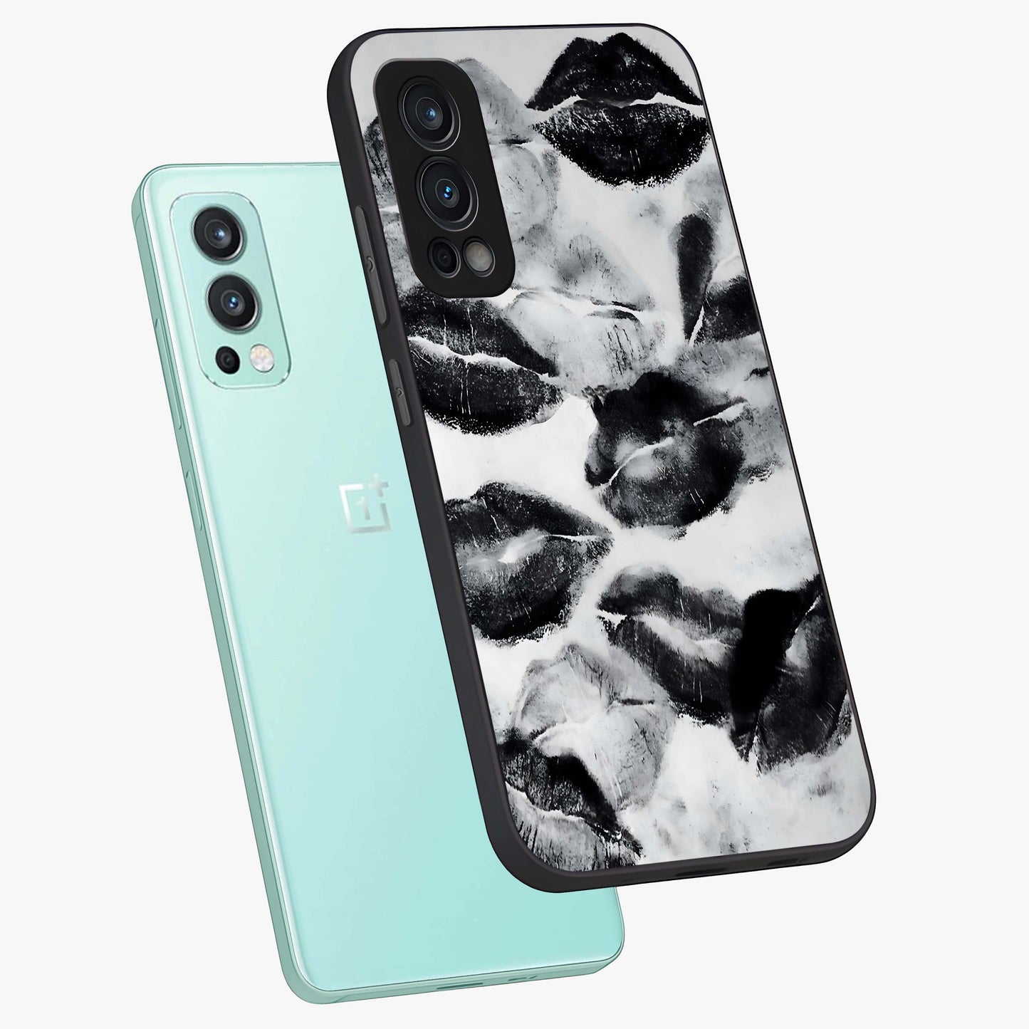 Midnight Kiss Marks Glass Case displayed in angled mockup highlighting playful romantic design with bold midnight aesthetic.