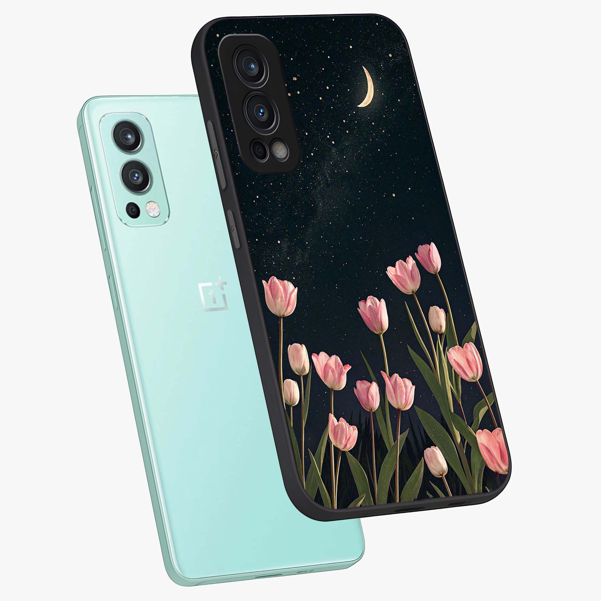 Midnight Tulip Whispers Vibe Glass Case displayed in angled mockup highlighting delicate tulip design with midnight floral aesthetic.