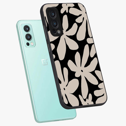 Monochrome Petal Dance Glass Case displayed in angled mockup highlighting elegant petal design with black and white aesthetic.