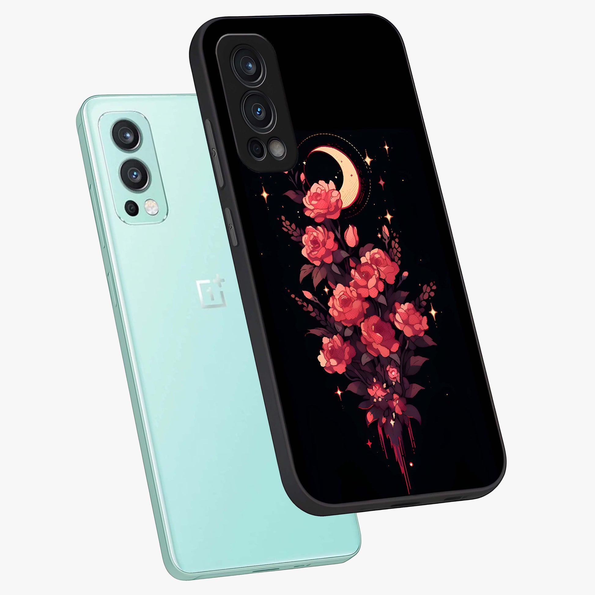 Moonlit Floral Elegance Glass Case displayed in angled mockup highlighting graceful flower design with soft moonlight aesthetic.