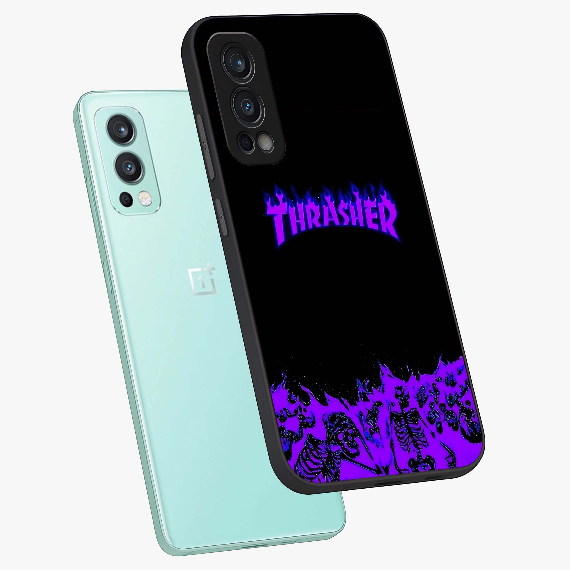Neon Flame Riot Glass Case displayed in angled mockup highlighting glowing flame design with vibrant neon aesthetic.