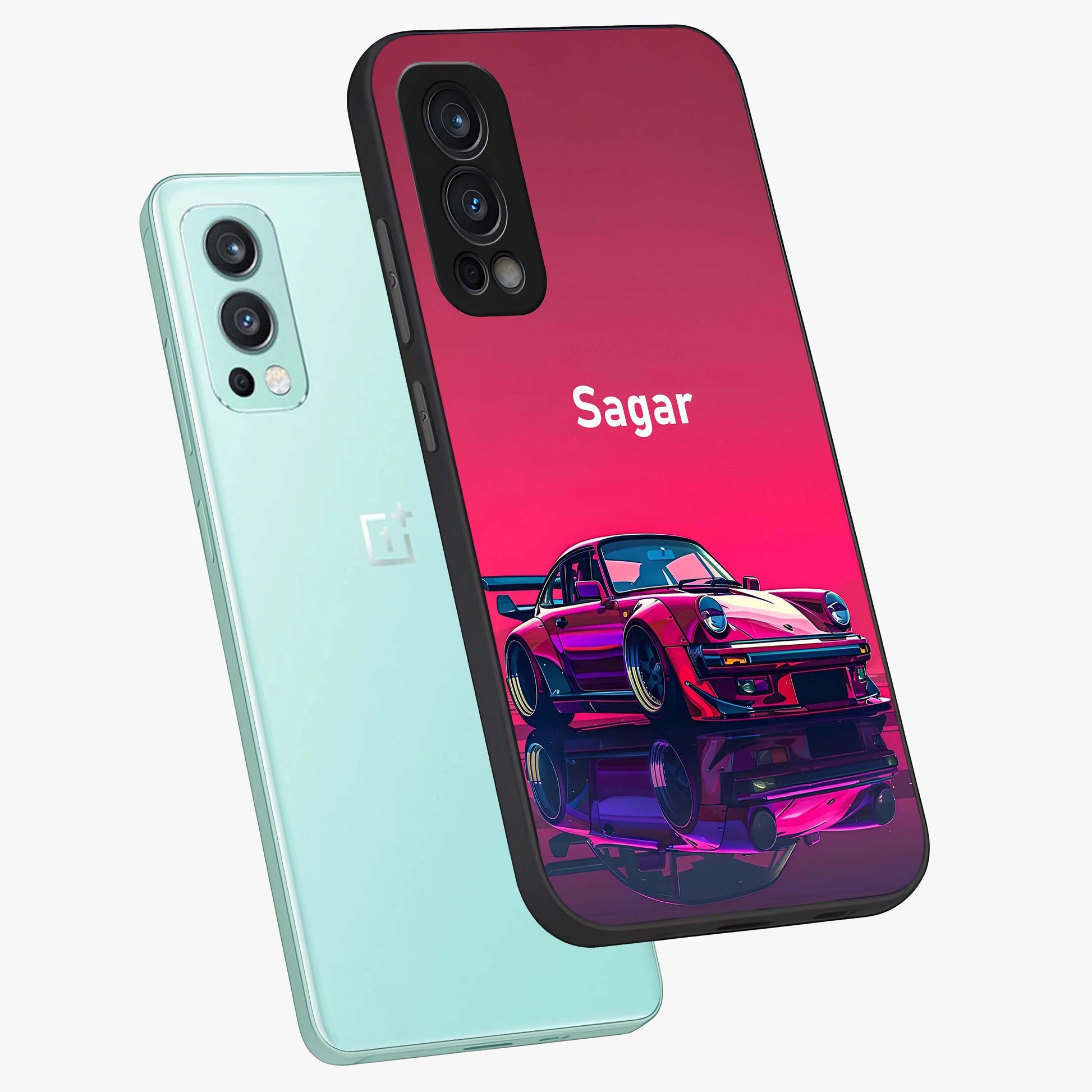 Neon Pink Porsche Glass Case displayed in angled mockup highlighting sleek neon pink car design with racing aesthetic.