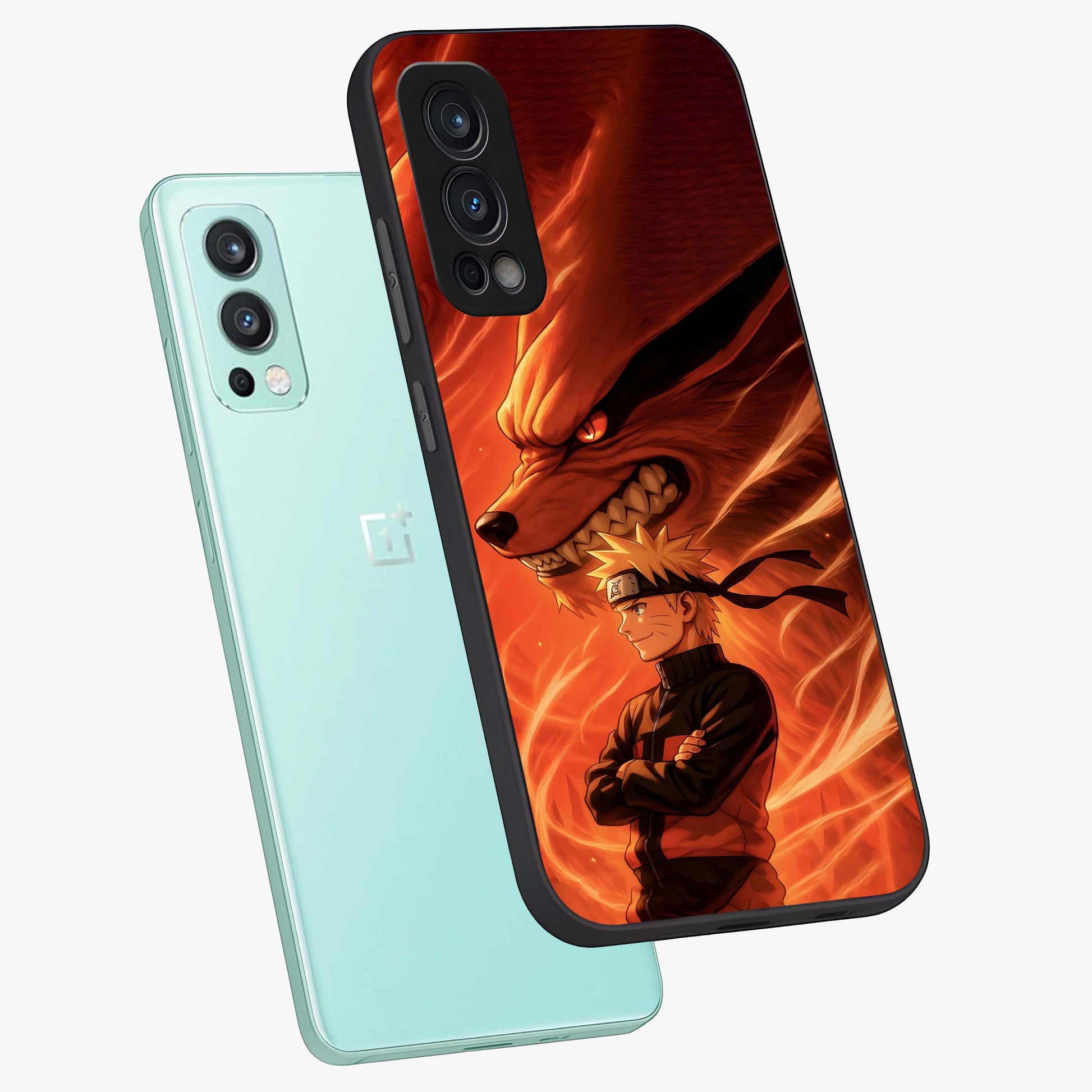 Nine Tails Legacy Glass Case displayed in angled mockup highlighting dynamic anime beast illustration with bold mystical aesthetic.
