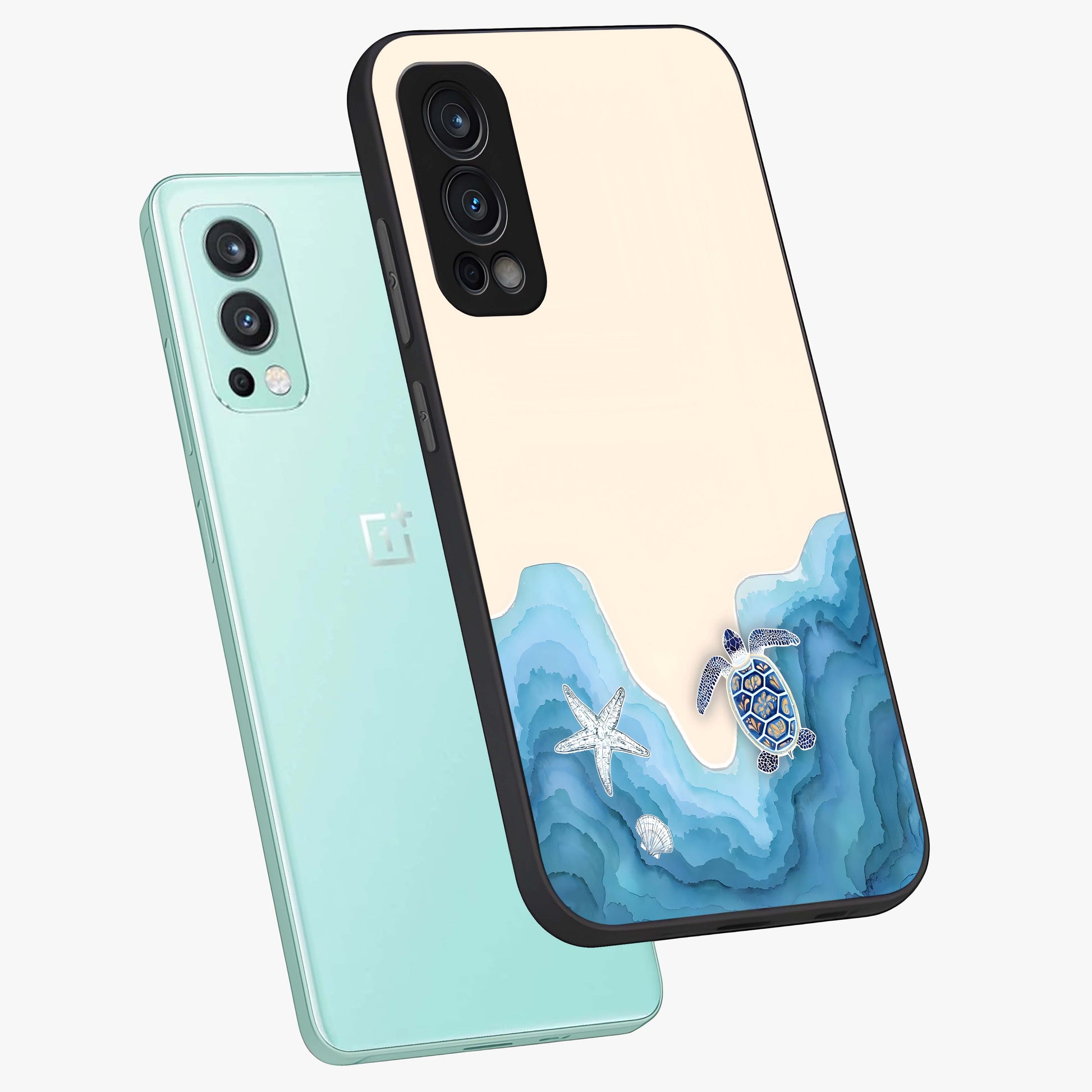 Ocean Drift Turtle Glass Case displayed in angled mockup highlighting peaceful ocean turtle illustration with marine aesthetic.