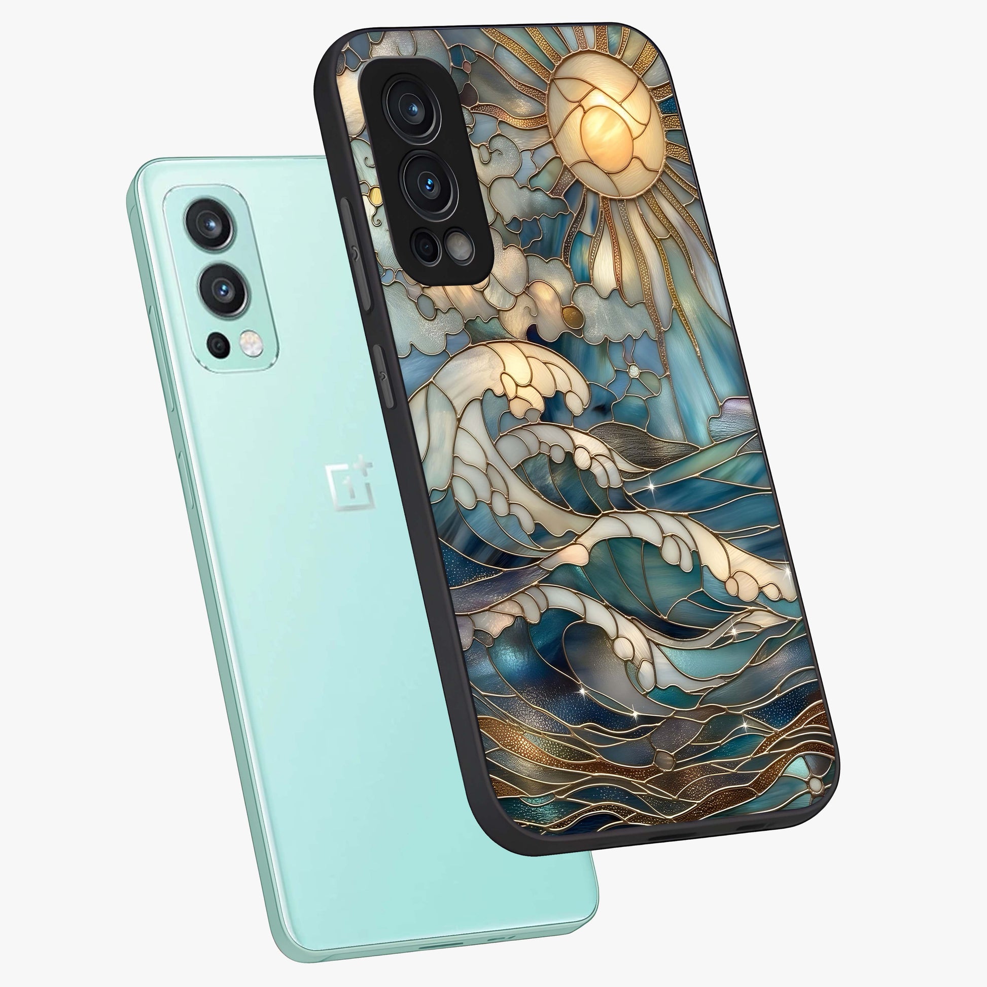 Oceanic Stained Printed Glass Case displayed in angled mockup highlighting colorful aquatic design with artistic aesthetic style.