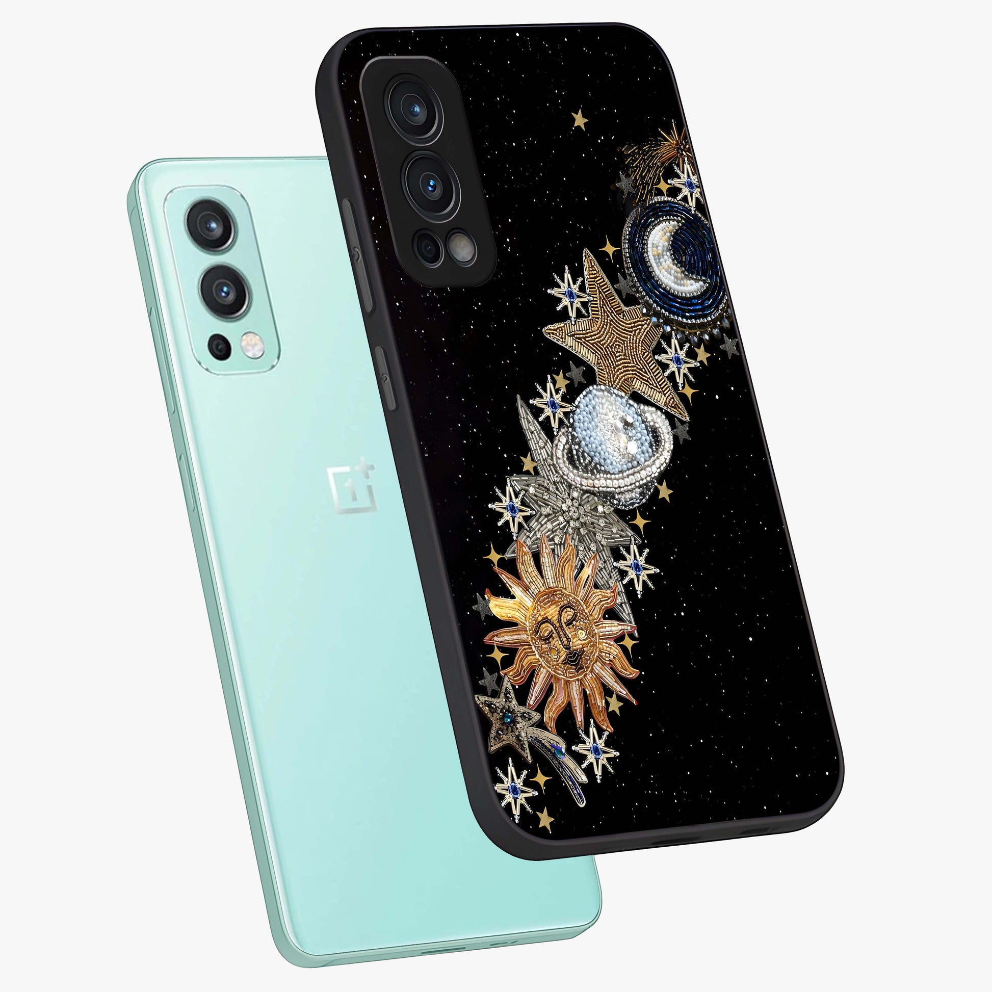 Pearls Universe Object Glass Case displayed in angled mockup highlighting celestial pearl design with dreamy aesthetic.