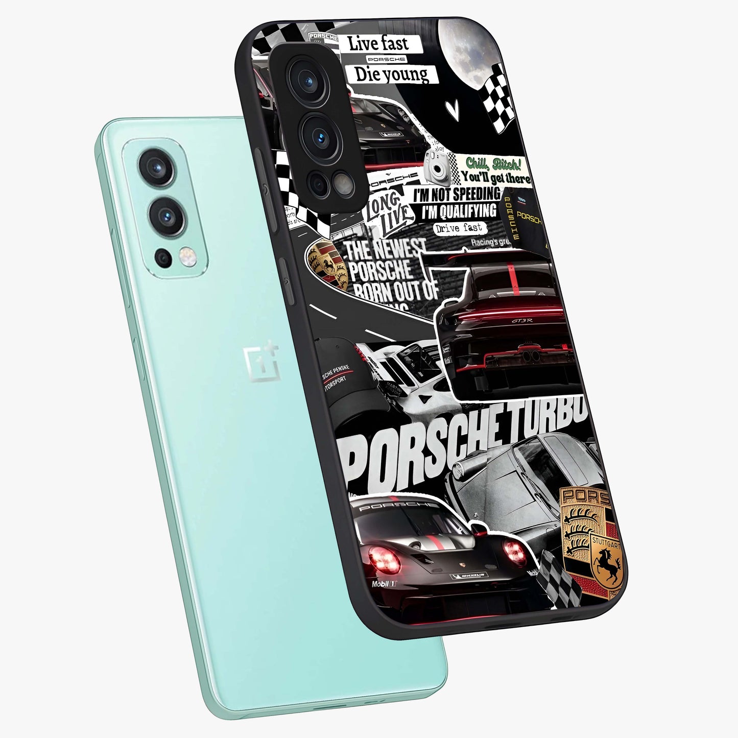 Porsche Racing Collage Glass Case displayed in angled mockup highlighting dynamic automotive design with bold racing aesthetic.