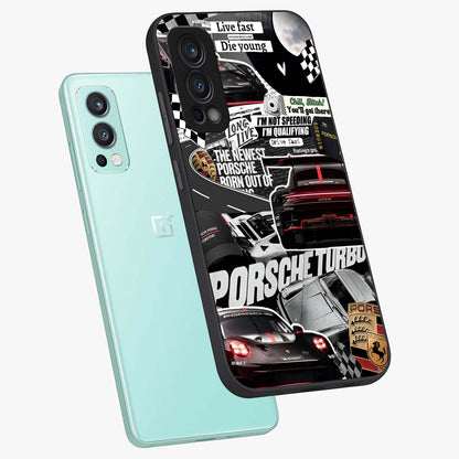 Porsche Racing Collage Glass Case displayed in angled mockup highlighting dynamic automotive design with bold racing aesthetic.