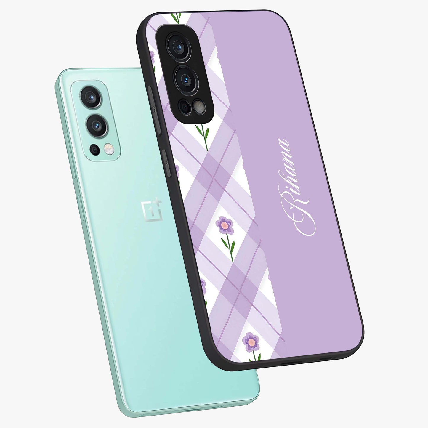 Purple Diamond Floral Glass Case displayed in angled mockup highlighting elegant purple flower design with decorative pattern.