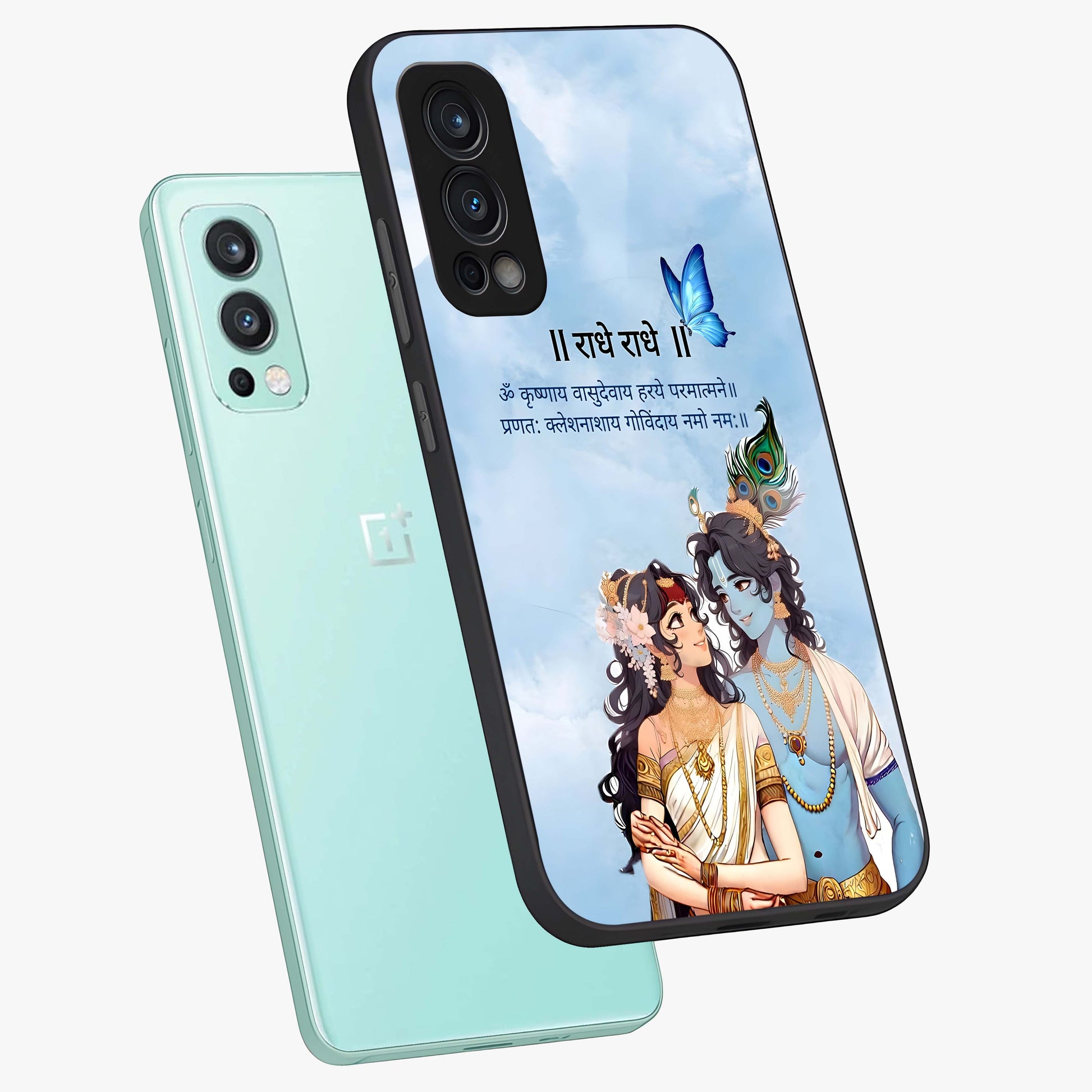 Radha Krishna Eternal Glass Case displayed in angled mockup highlighting divine Radha Krishna illustration with spiritual aesthetic.