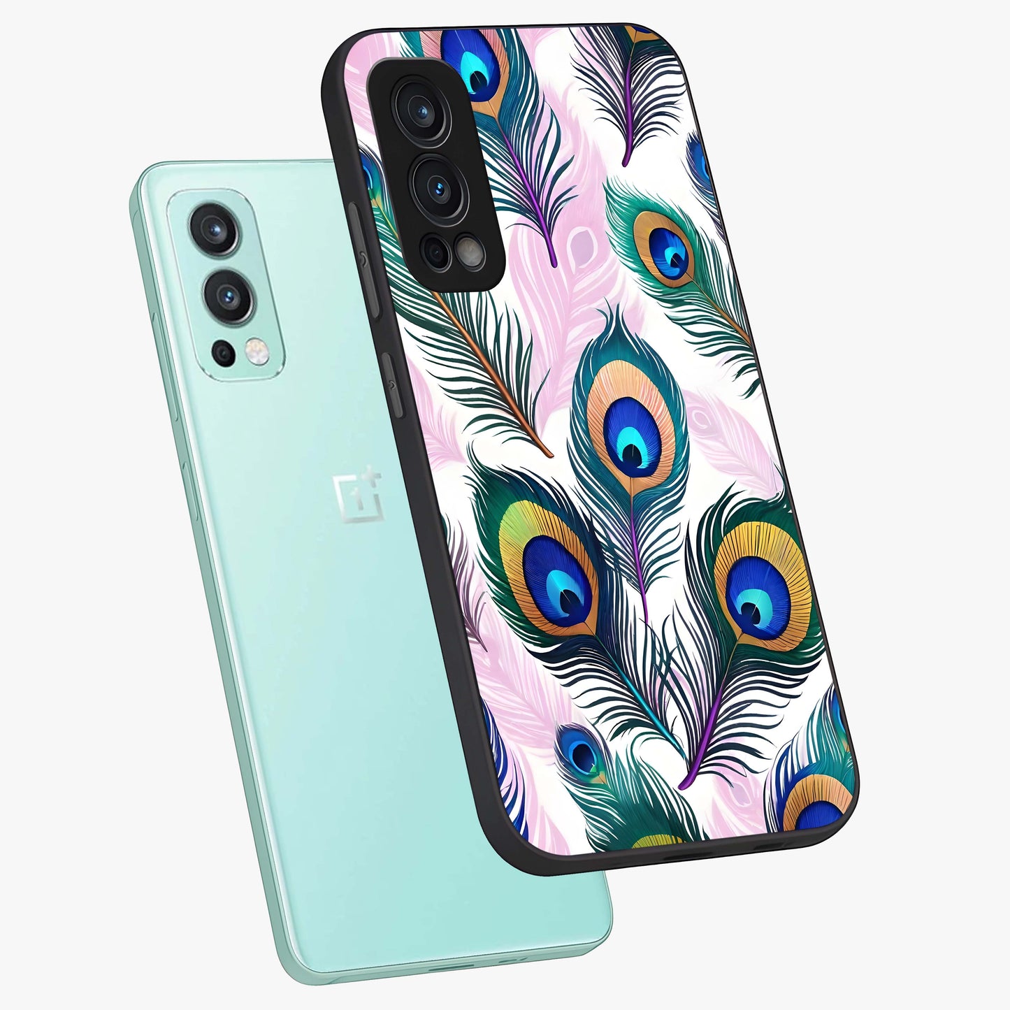 Royal Peacock Feathers Glass Case displayed in angled mockup highlighting vibrant feather pattern with regal aesthetic style.