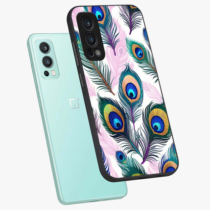 Royal Peacock Feathers Glass Case displayed in angled mockup highlighting vibrant feather pattern with regal aesthetic style.