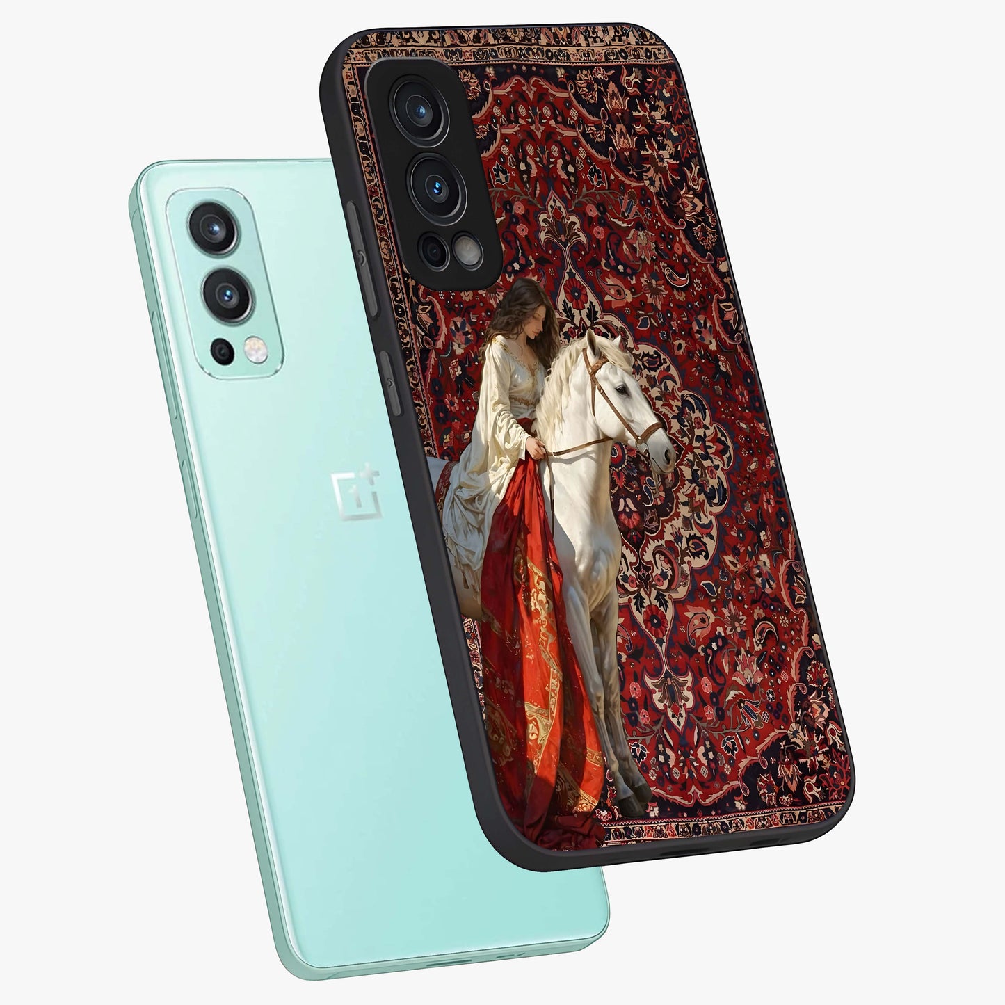 Royal Rider Tapestry Glass Case displayed in angled mockup highlighting traditional tapestry design with royal heritage aesthetic.