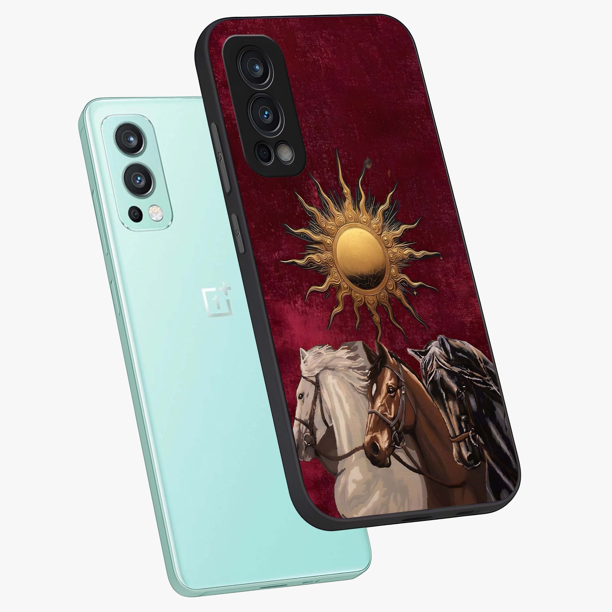 Solar Riders Glass Case displayed in angled mockup highlighting powerful rider illustration with radiant solar aesthetic.