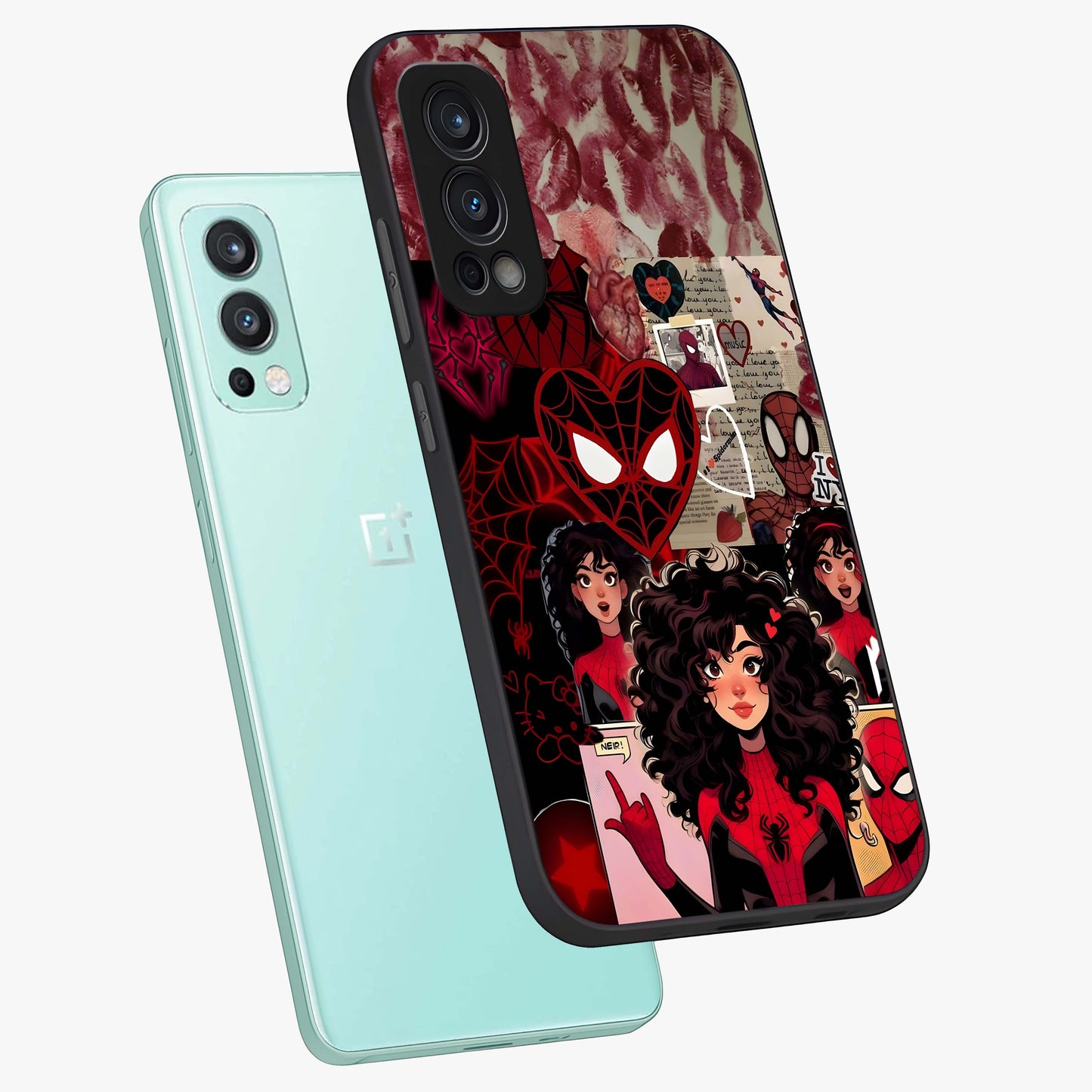 Spider Love Story Glass Case displayed in angled mockup highlighting expressive comic inspired design with playful aesthetic.