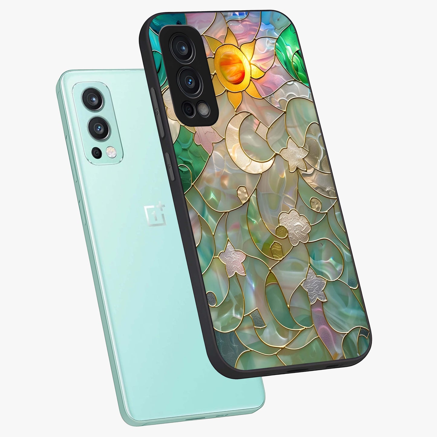 Stained Sunrise Glow Glass Case displayed in angled mockup highlighting radiant sunrise design with artistic aesthetic style.