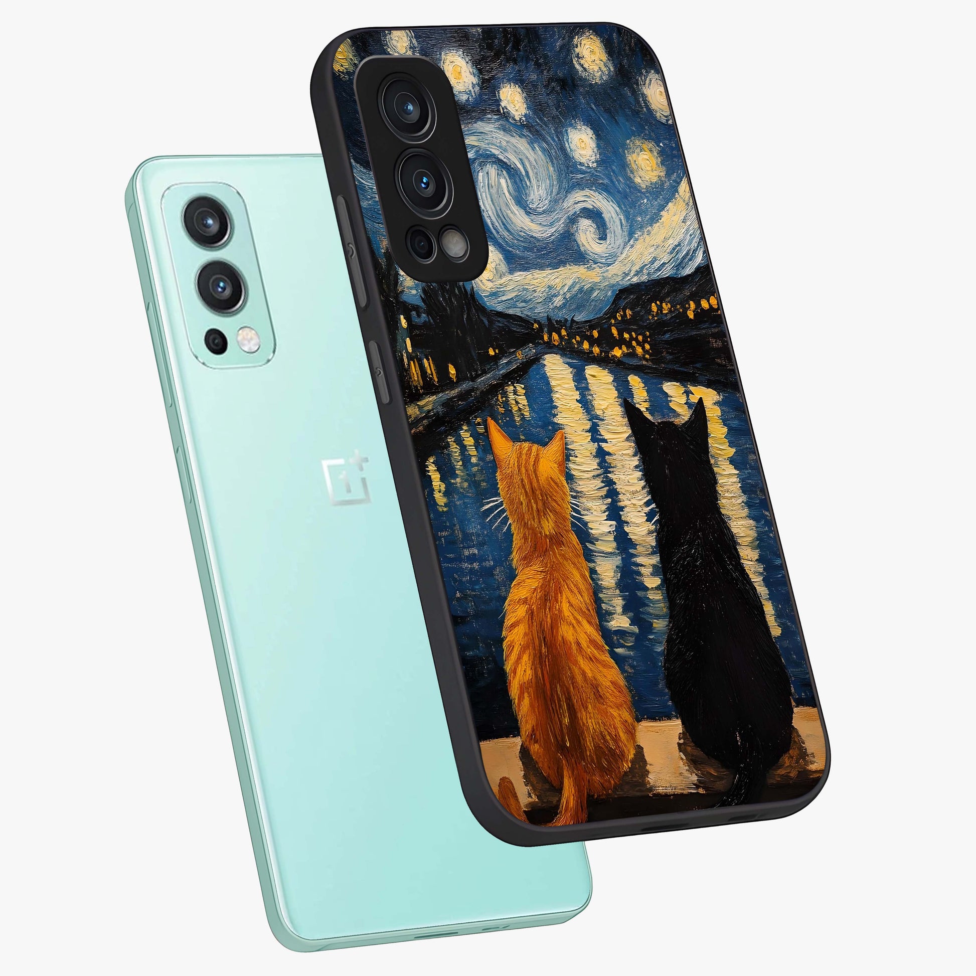 Starry River Cats Glass Case displayed in angled mockup highlighting charming feline illustration with dreamy night aesthetic.