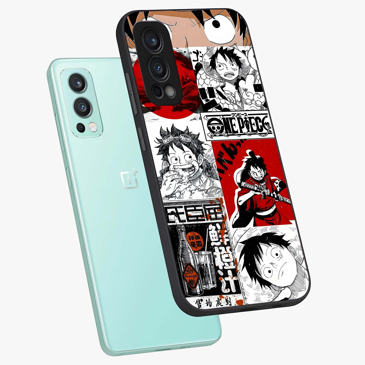 Strawhat Chaos Panels Glass Case displayed in angled mockup highlighting vibrant anime collage design with action aesthetic.