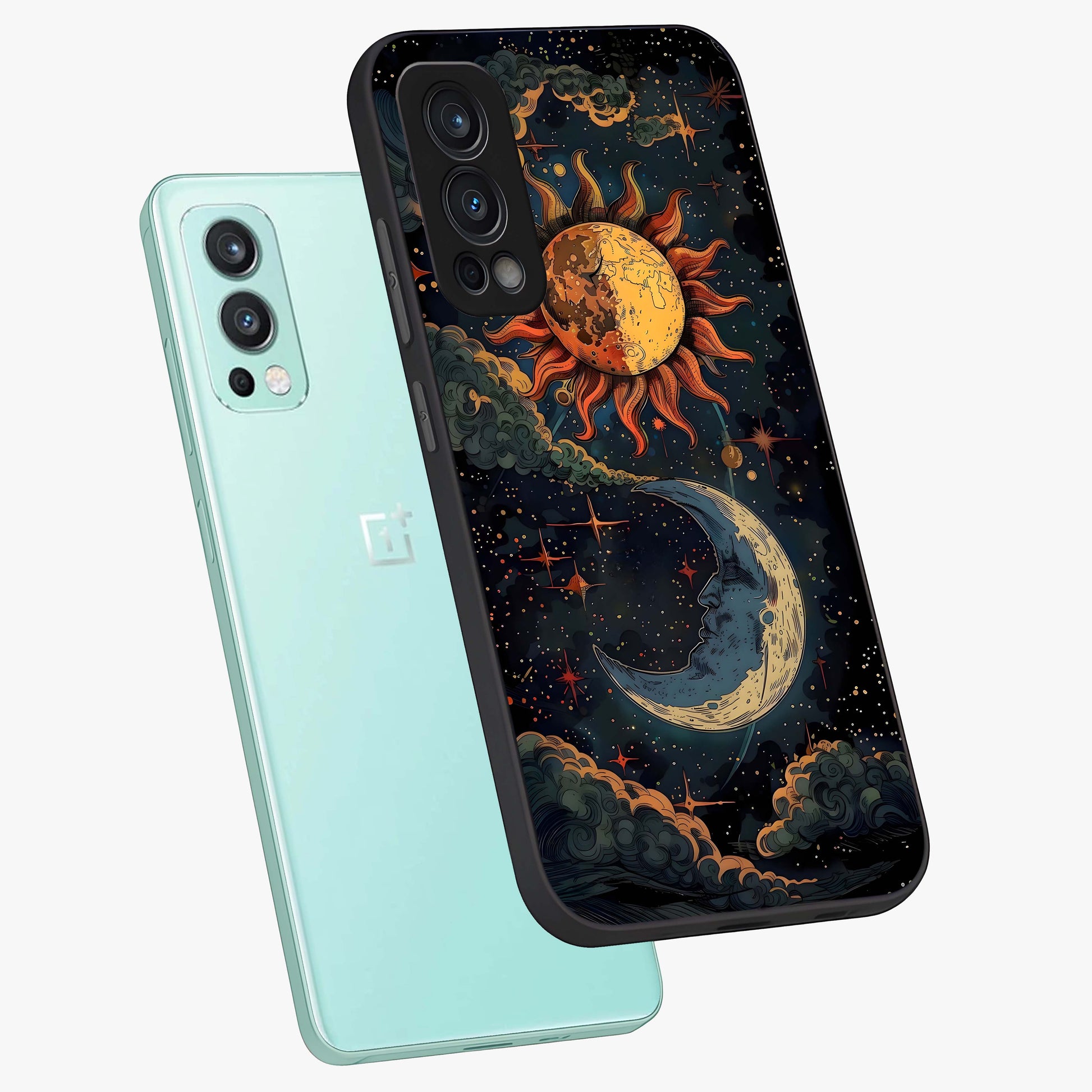 Sun And Moon Magic Design Glass Case displayed in angled mockup highlighting celestial design with magical cosmic aesthetic.