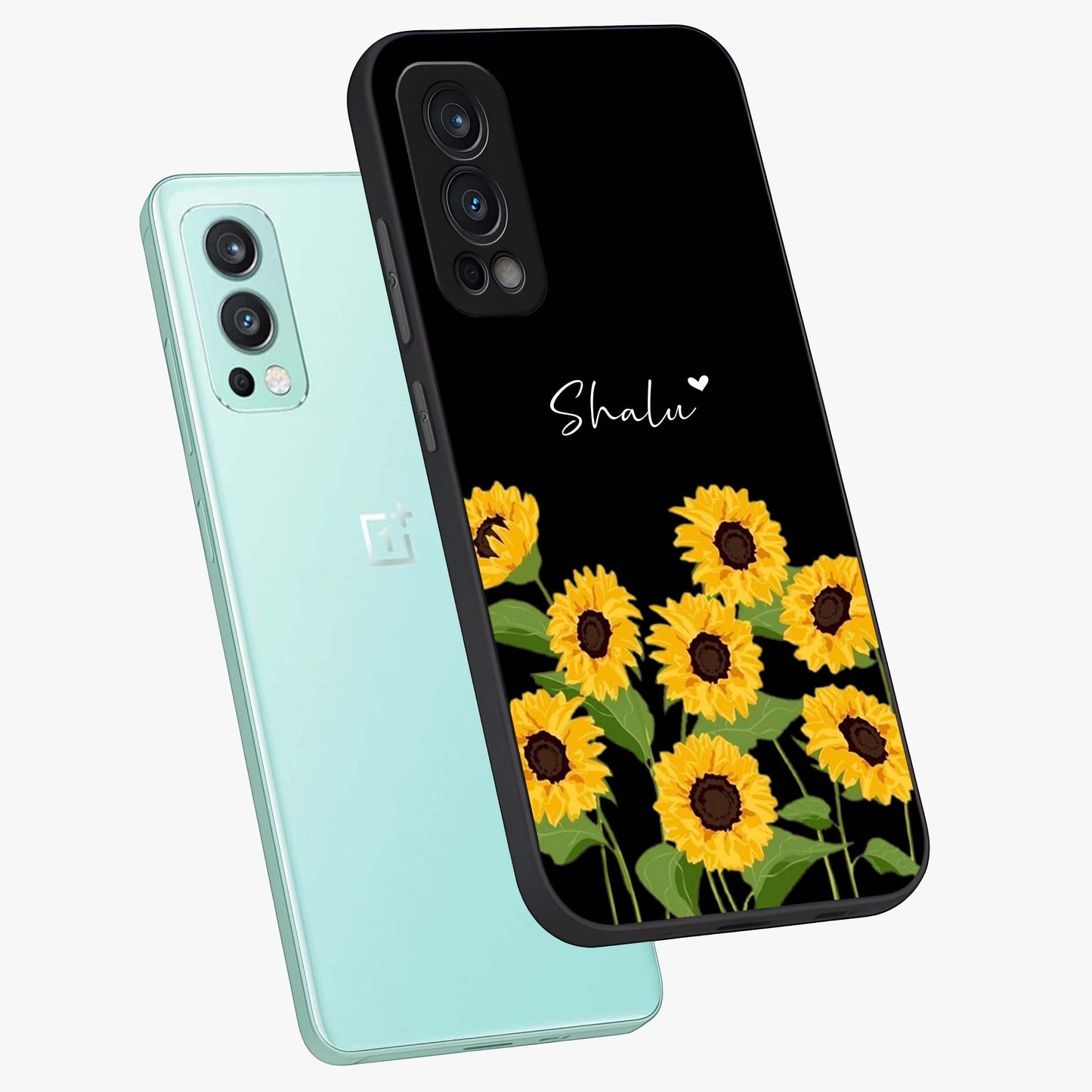 Sunflower Chic Mood Custom Name Glass Case displayed in angled mockup highlighting vibrant sunflower design with custom name feature.