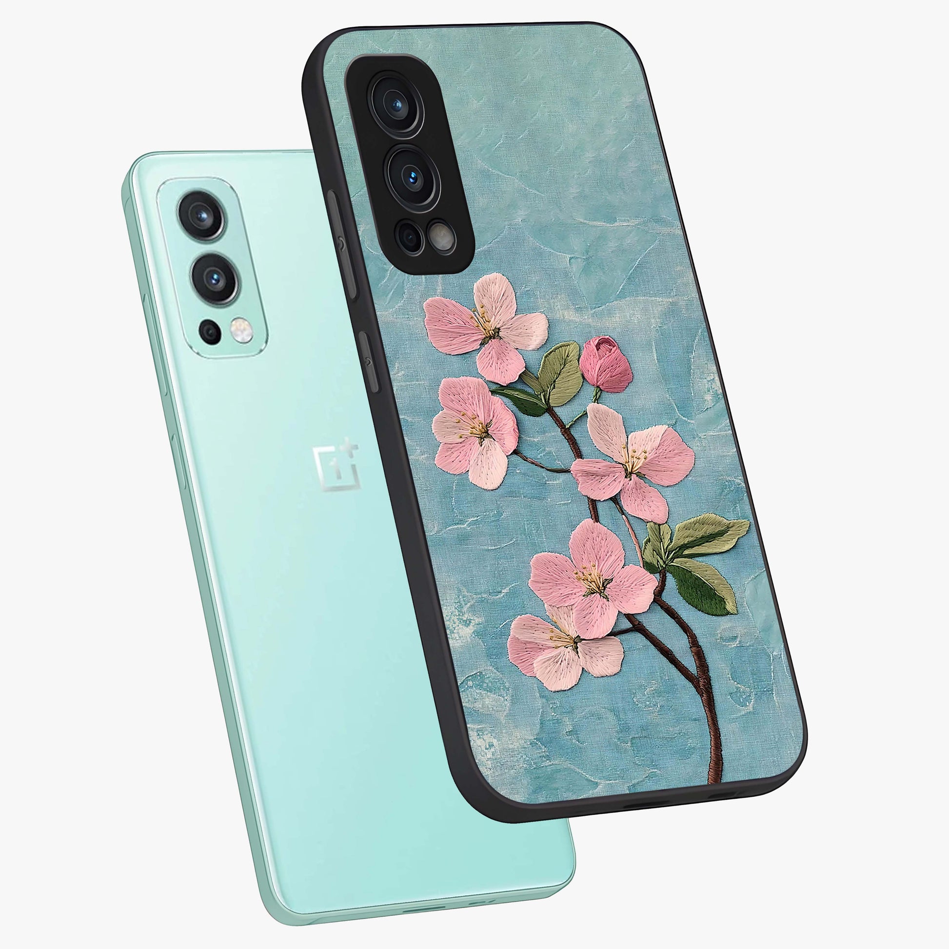 Threaded Blossom Breeze Glass Case displayed in angled mockup highlighting elegant floral design with soft aesthetic style.