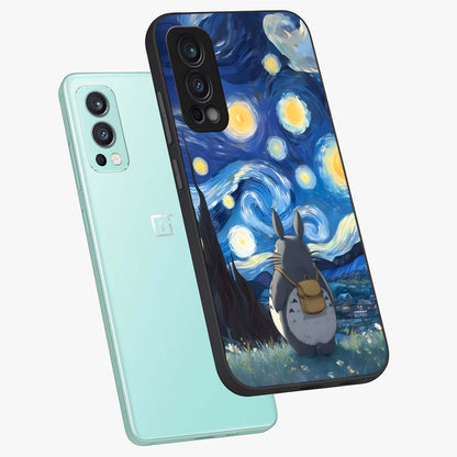 Totoro In Van Gogh Art Glass Case displayed in angled mockup highlighting artistic swirling sky design with playful animation aesthetic.