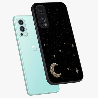 Twinkle Star With Half Moon Glass Case displayed in angled mockup highlighting celestial moon and star design with magical aesthetic.