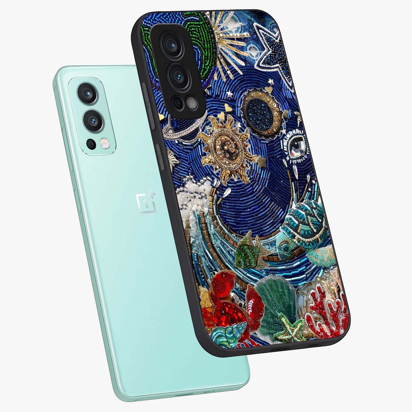 Universe Underwater Spark Glass Case displayed in angled mockup highlighting glowing aquatic design with celestial aesthetic.