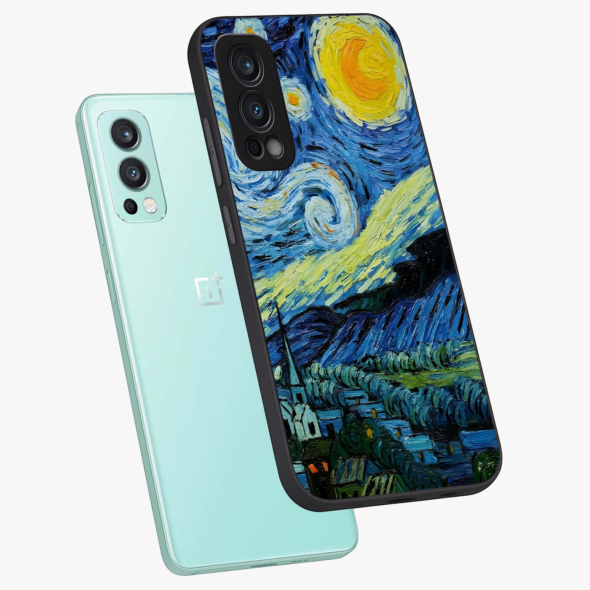 Van Gogh Art Glass Case displayed in angled mockup highlighting swirling brushstroke design with artistic aesthetic.