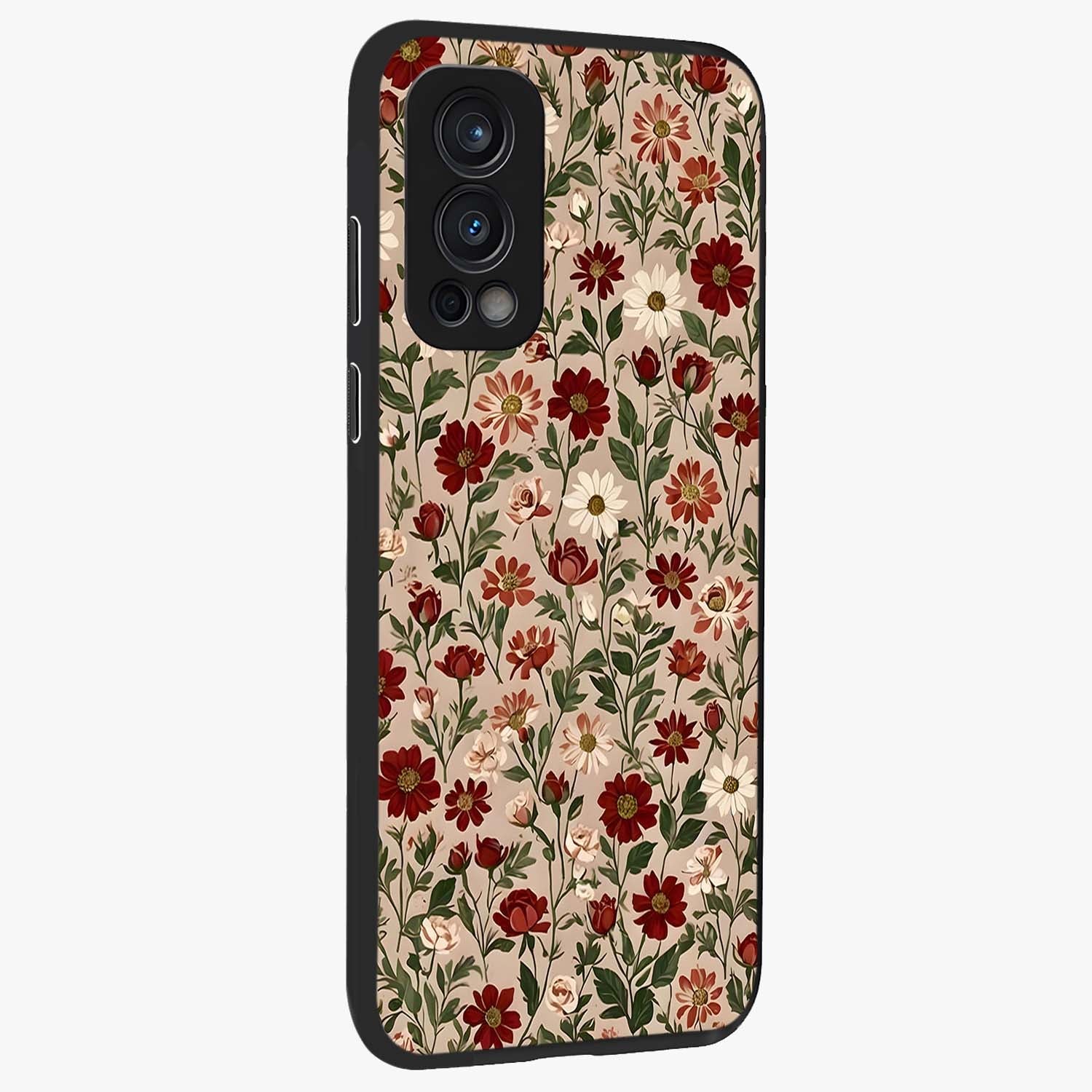 Biege Flower With Leaf Glass Case upright view showcasing delicate beige flower illustration with clean botanical style.