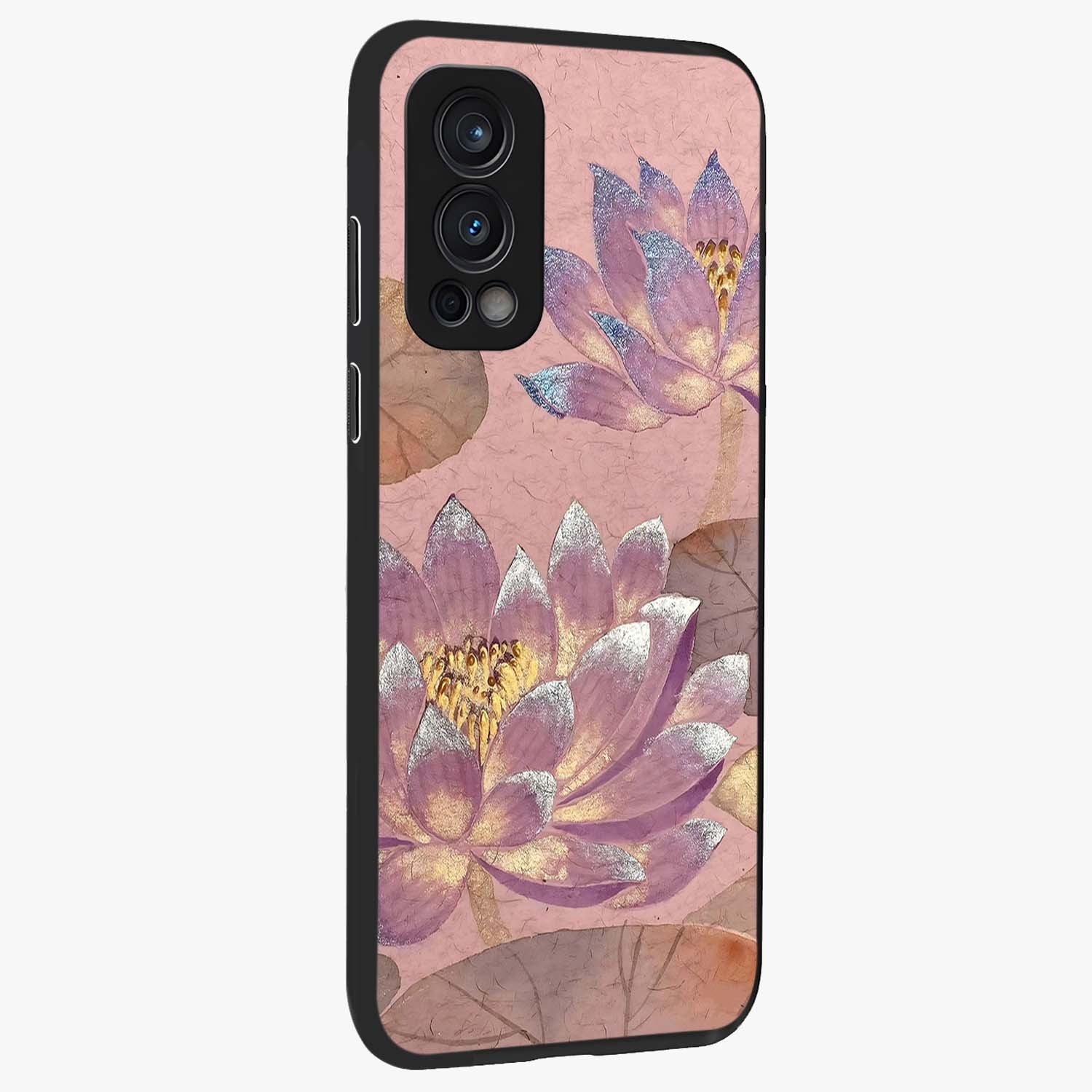 Blossom Mist Lotus Glass Case upright view showcasing graceful lotus flower design with peaceful botanical style.