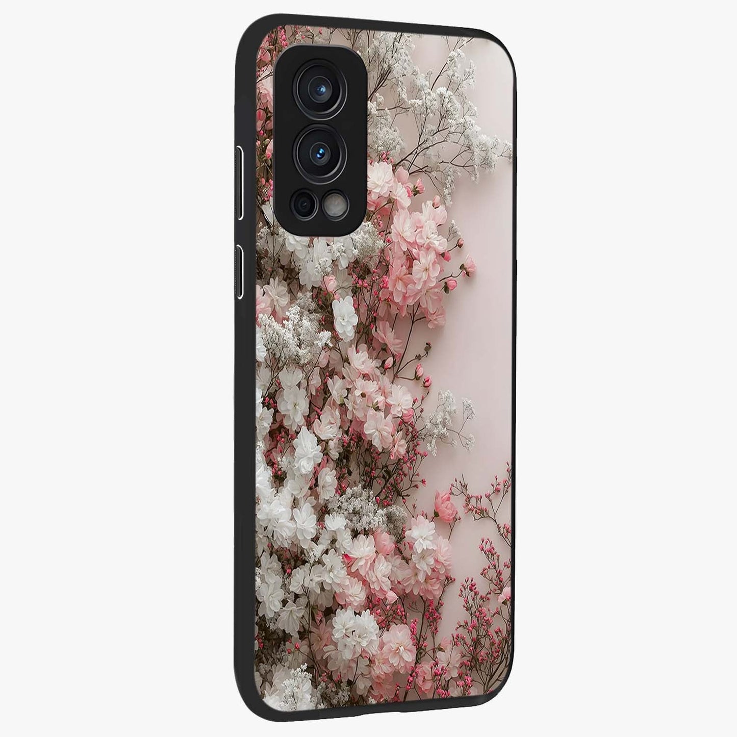 Blush Blossom Cloud Glass Case upright view showcasing calm floral cloud artwork with gentle dreamy theme.