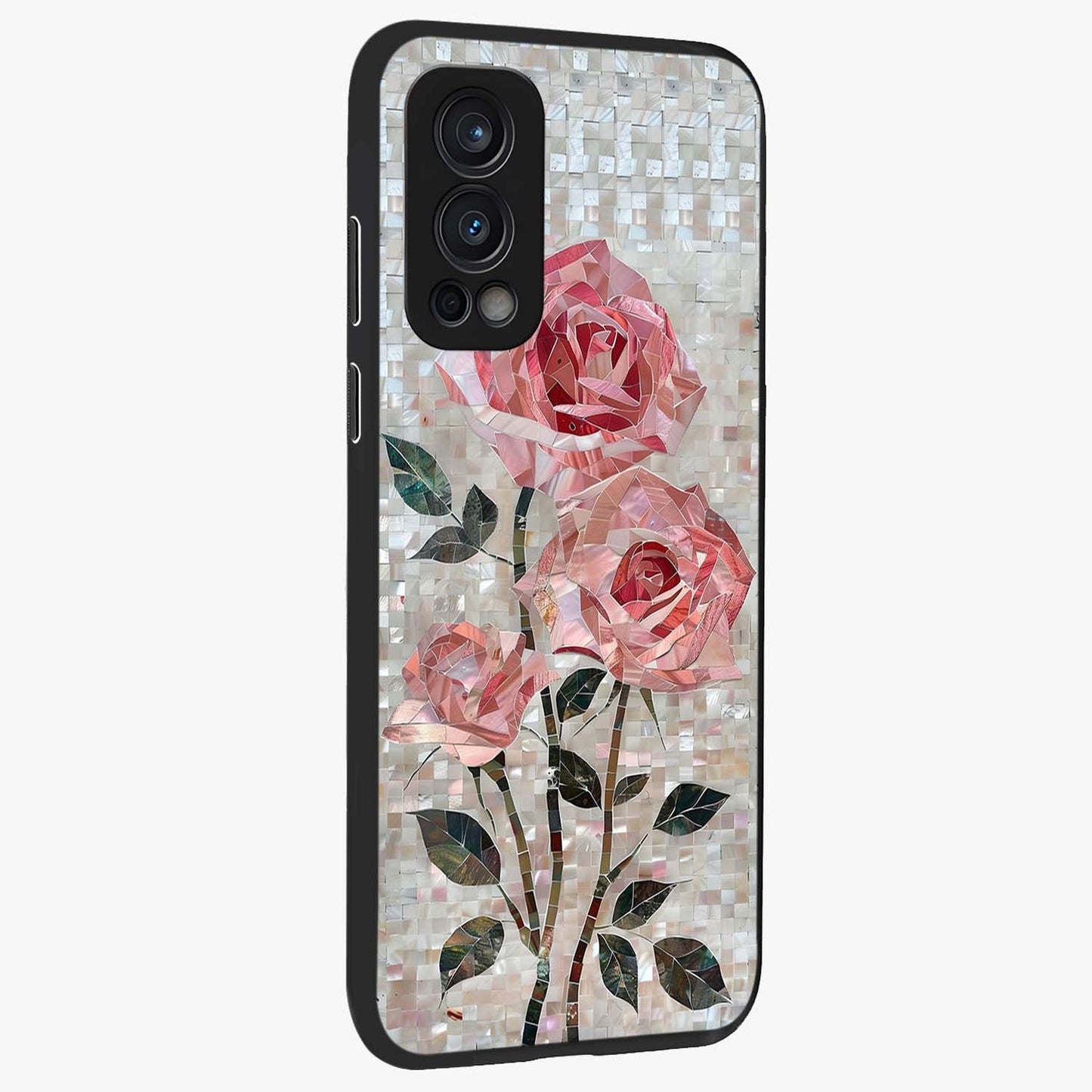 Blush Mosaic Bloom Glass Case upright view showcasing decorative floral mosaic artwork with stylish modern aesthetic.