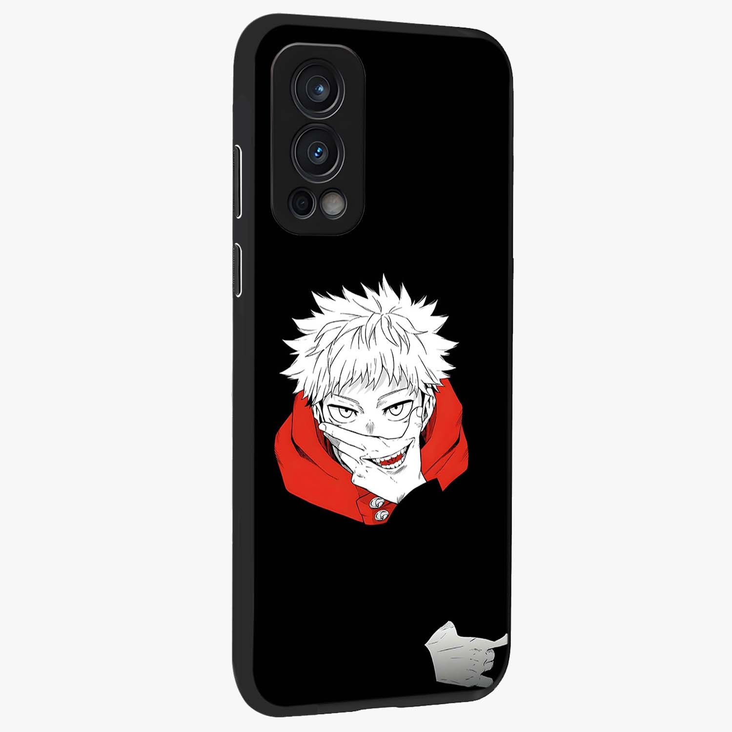 Crimson Chaos Smile Glass Case upright view showcasing expressive chaotic artwork with striking visual theme.