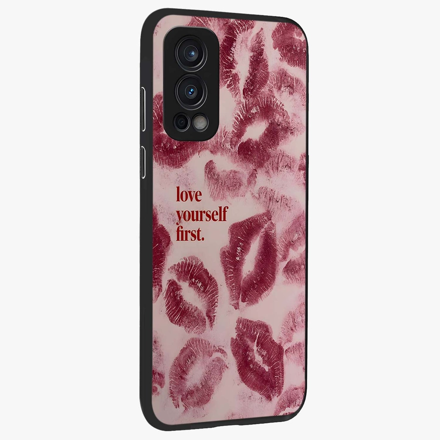 Crimson Kiss Love Glass Case upright view showcasing expressive romantic artwork with deep crimson theme.